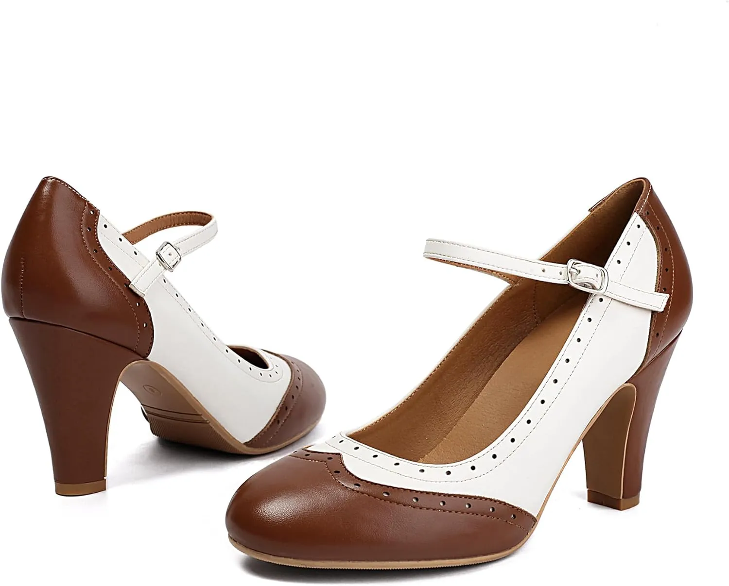 Women's Mary Jane Wingtip Rockability Oxford Two Tones Close Round Toe Vintage 1950s Heels Ankle Straps Retro 1920s Victorian Pumps Shoes