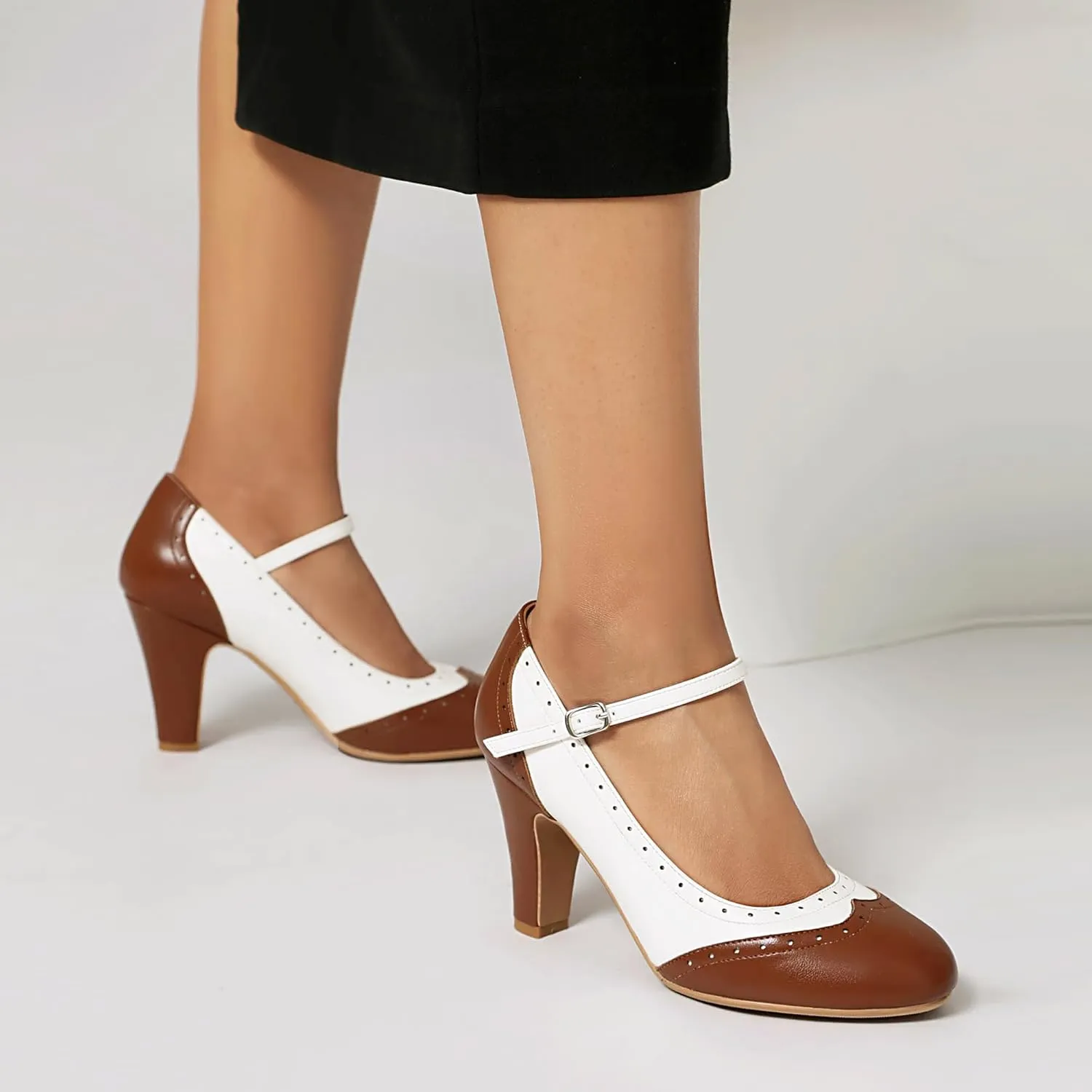 Women's Mary Jane Wingtip Rockability Oxford Two Tones Close Round Toe Vintage 1950s Heels Ankle Straps Retro 1920s Victorian Pumps Shoes