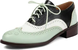 Women's Multicolor Leather Flat Classic Lace Up Oxfords Brogue Wingtip Round Toe Vintage Low Heel Pumps Business Work Office Dress Comfortable Shoes