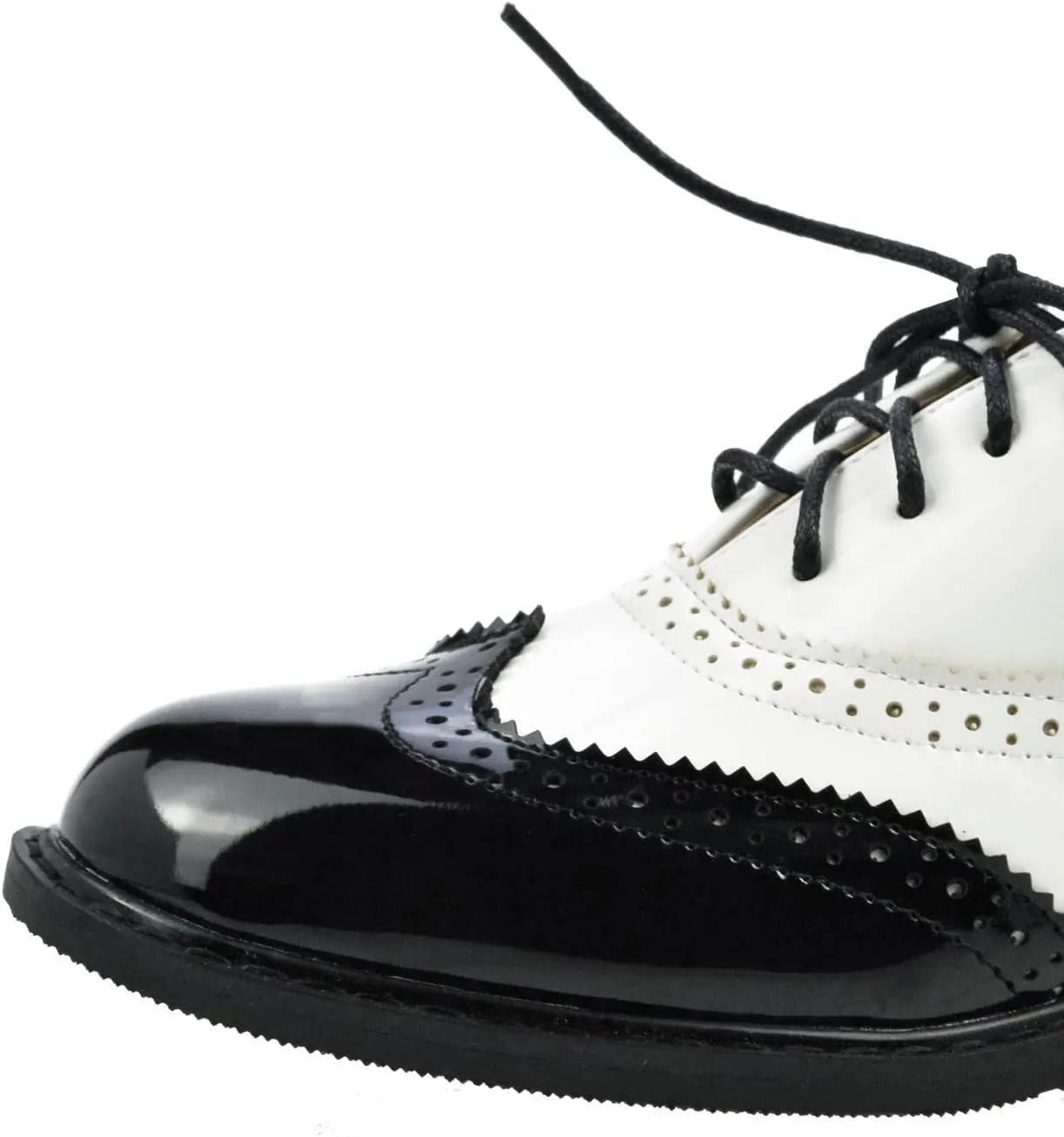 Womens Oxfords Black and White Wingtip Chunky Heeled Patent Leather Vintage Brogue Lace Up Two Tone Saddle Shoes