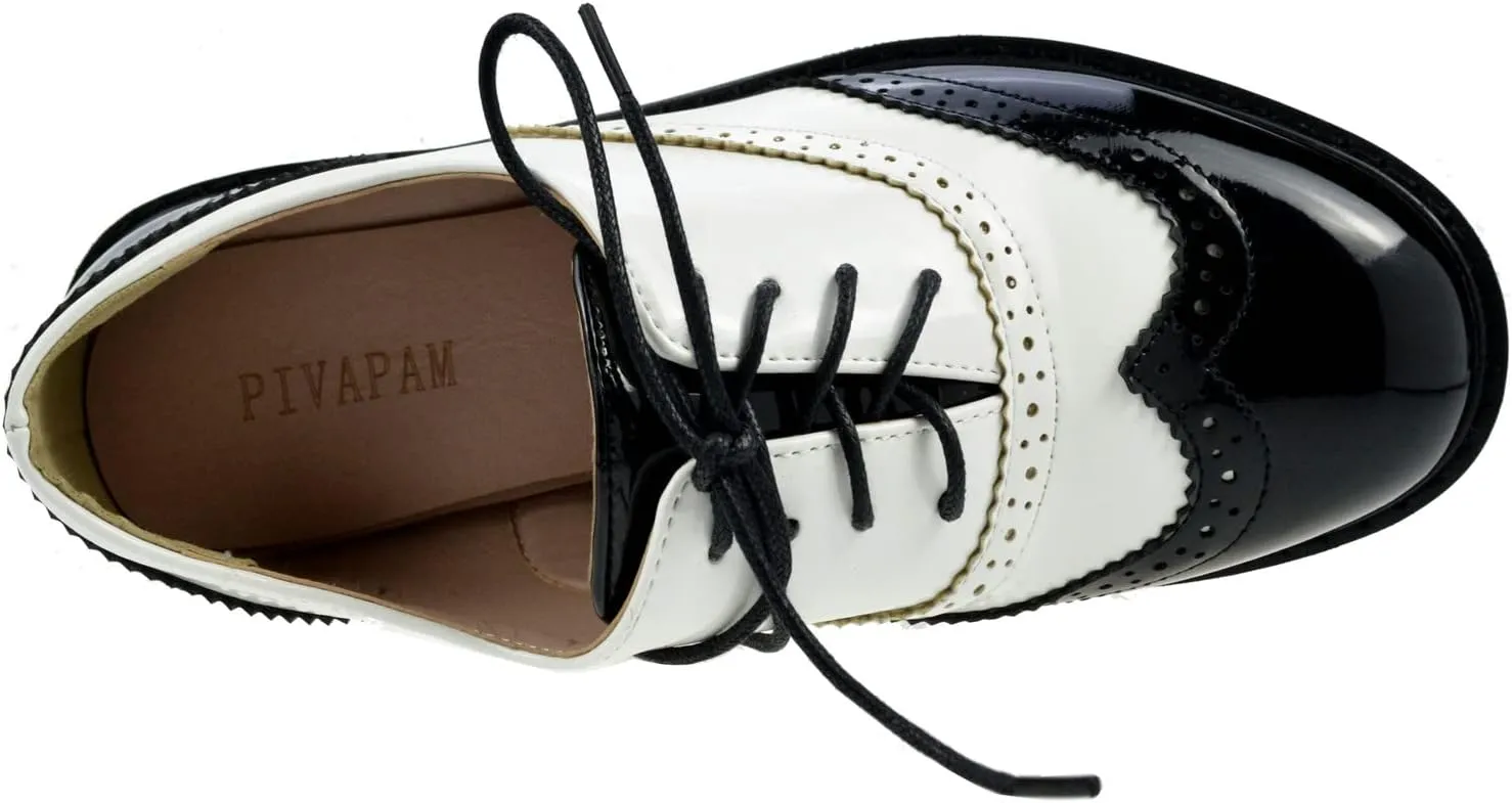 Womens Oxfords Black and White Wingtip Chunky Heeled Patent Leather Vintage Brogue Lace Up Two Tone Saddle Shoes