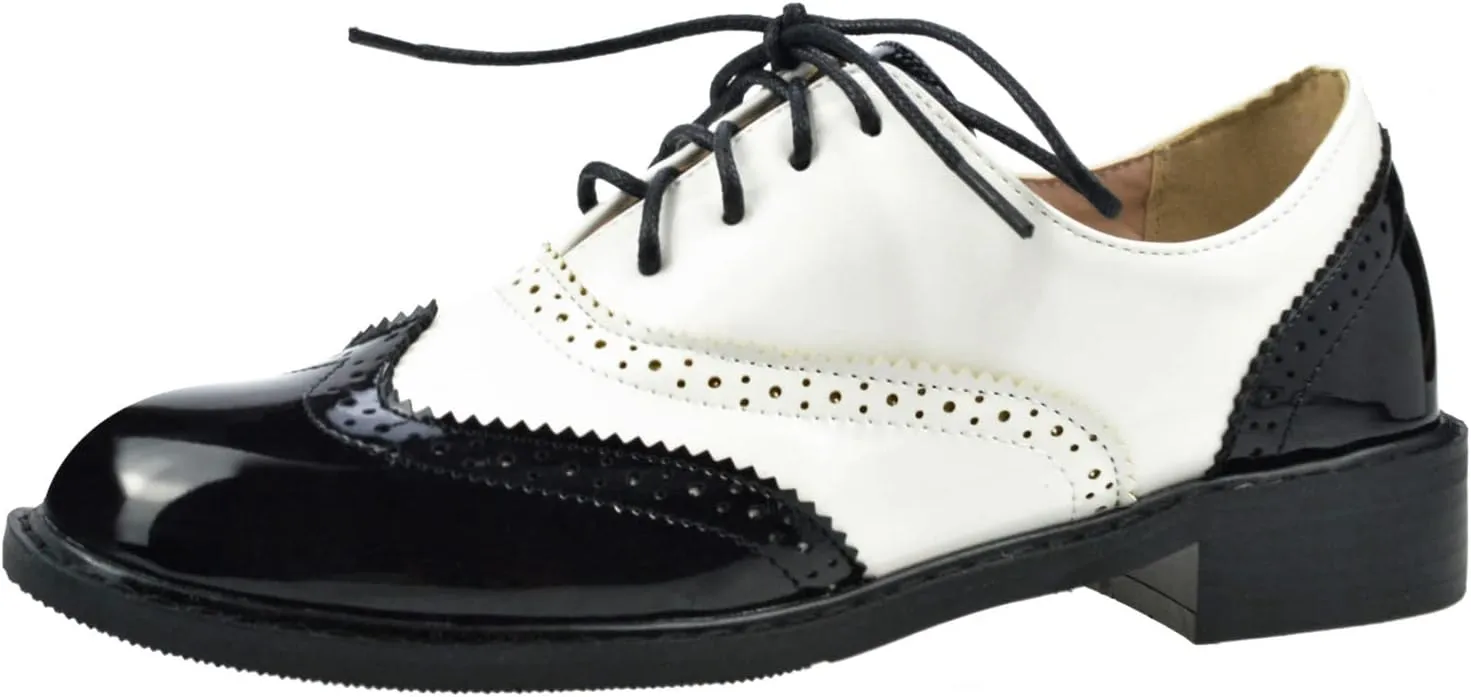 Womens Oxfords Black and White Wingtip Chunky Heeled Patent Leather Vintage Brogue Lace Up Two Tone Saddle Shoes