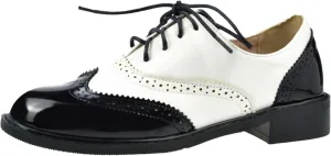 Womens Oxfords Black and White Wingtip Chunky Heeled Patent Leather Vintage Brogue Lace Up Two Tone Saddle Shoes