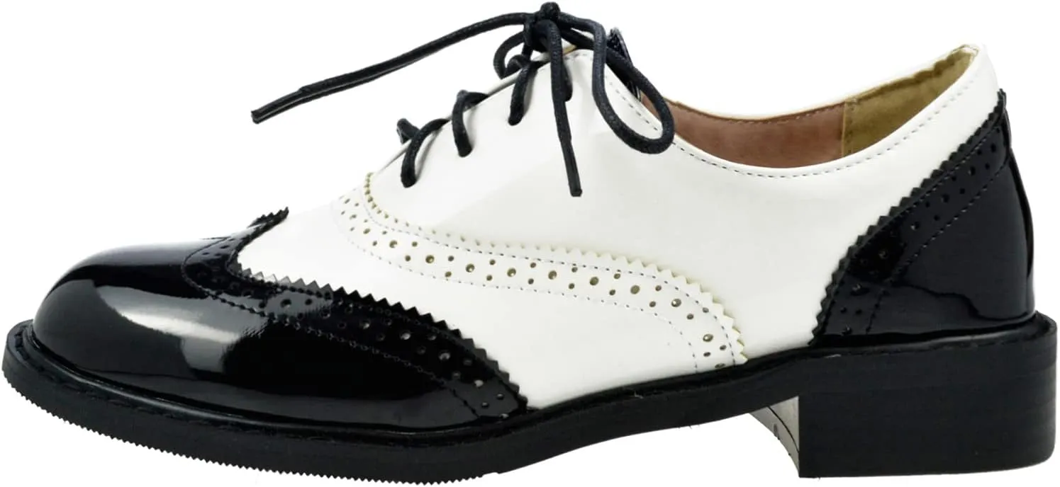 Womens Oxfords Black and White Wingtip Chunky Heeled Patent Leather Vintage Brogue Lace Up Two Tone Saddle Shoes