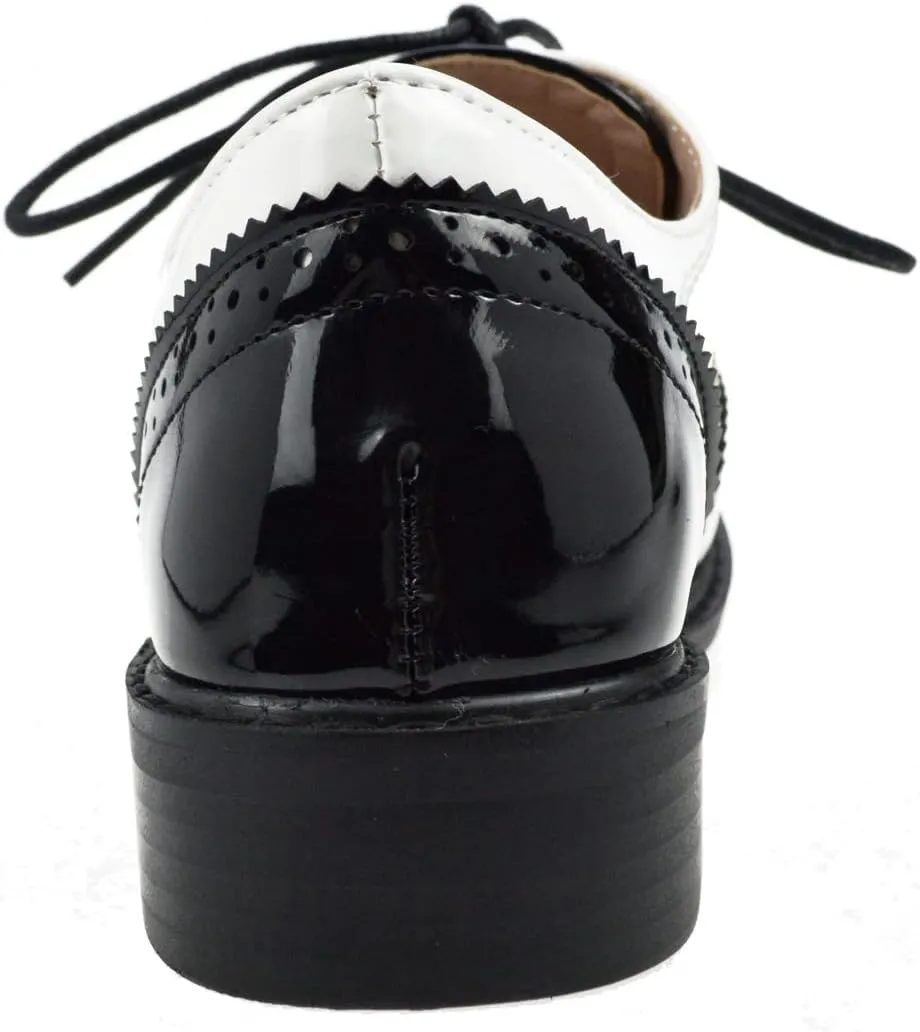 Womens Oxfords Black and White Wingtip Chunky Heeled Patent Leather Vintage Brogue Lace Up Two Tone Saddle Shoes