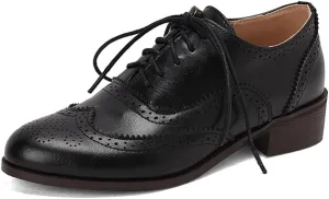 Women's Oxfords Lace Up Wingtip Vintage Flat Pumps Comfortable Low Heel Business Brogue Work Office Round Toe Dress Shoes