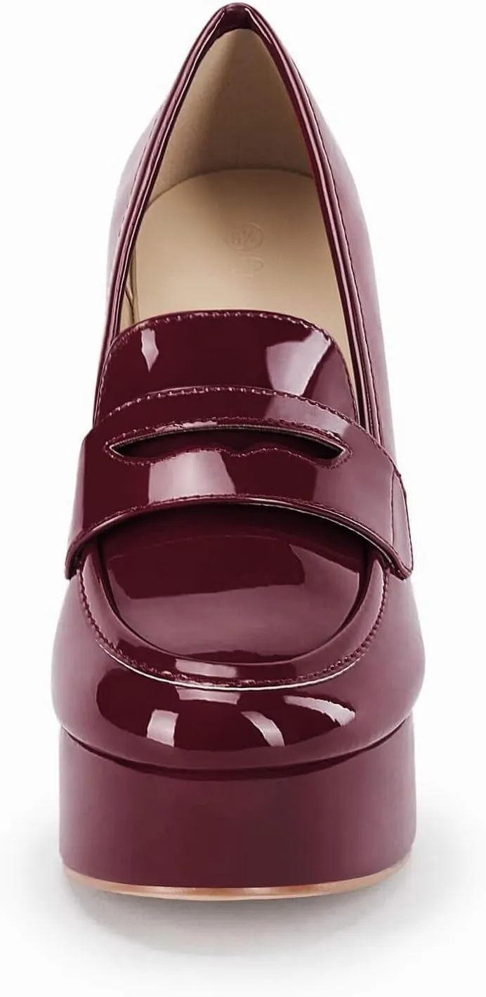 Womens Platform Heels Loafers Chunky High Heel Closed Toe Patent Leather Shoes Penny Loafer Business Dress Work Pumps