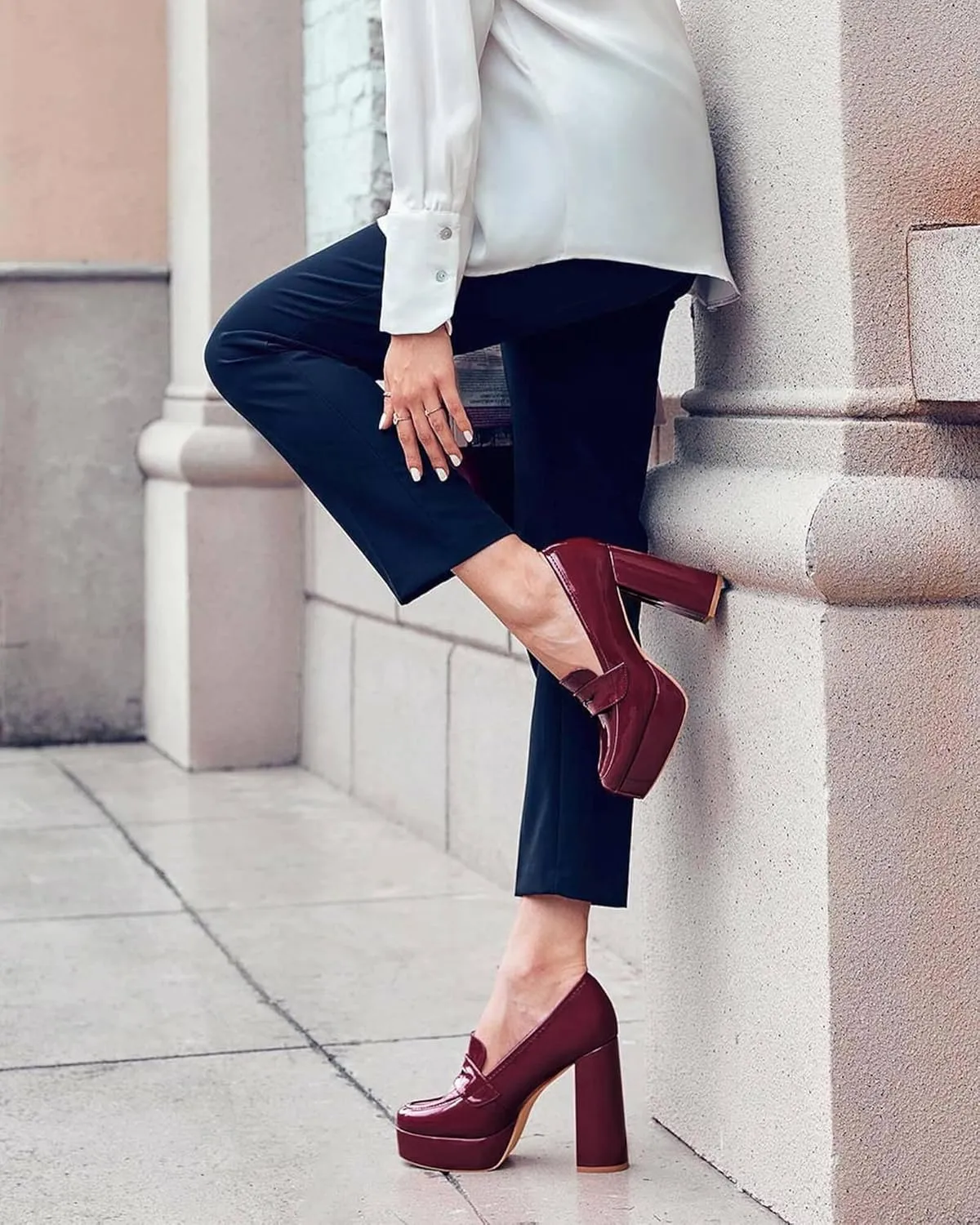 Womens Platform Heels Loafers Chunky High Heel Closed Toe Patent Leather Shoes Penny Loafer Business Dress Work Pumps