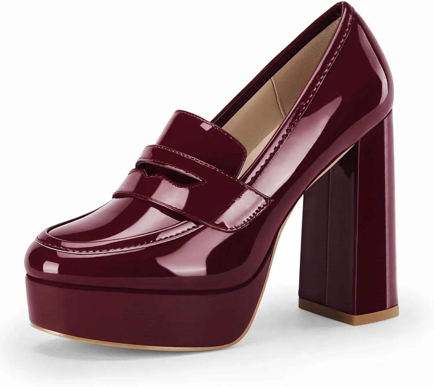 Womens Platform Heels Loafers Chunky High Heel Closed Toe Patent Leather Shoes Penny Loafer Business Dress Work Pumps