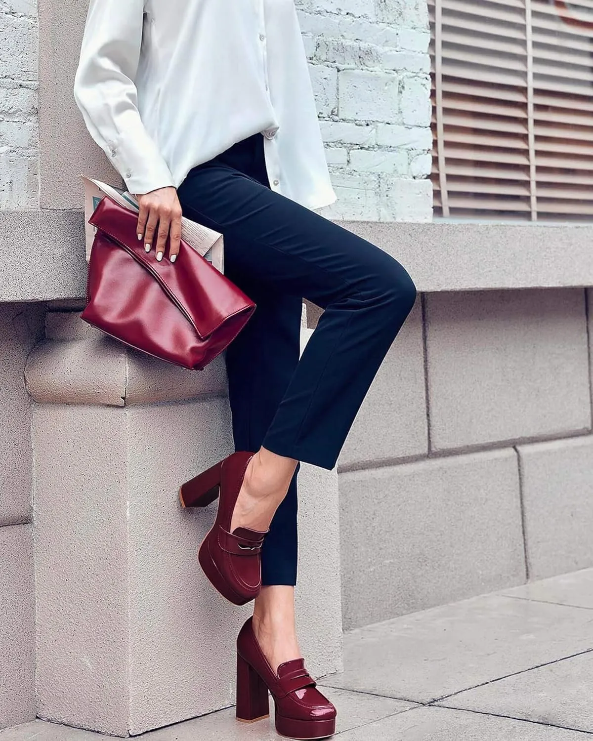 Womens Platform Heels Loafers Chunky High Heel Closed Toe Patent Leather Shoes Penny Loafer Business Dress Work Pumps