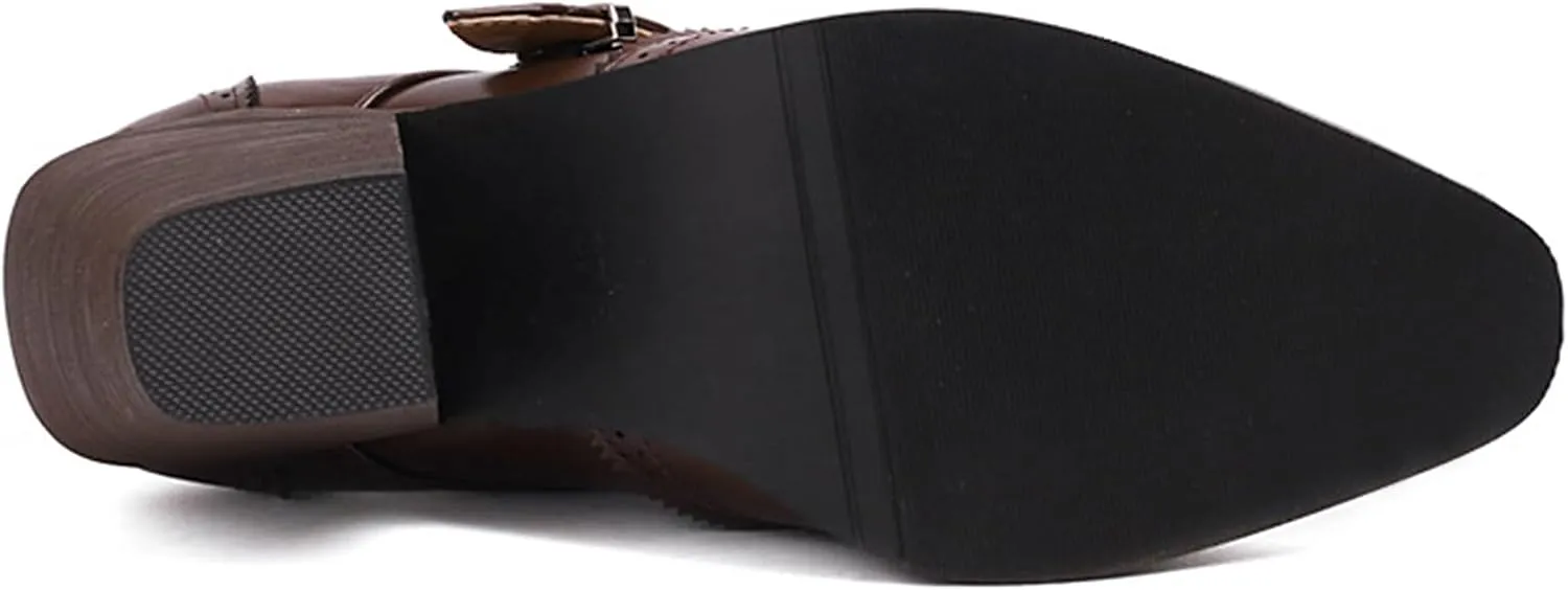 Women's PU Leather Chunky Heel Wingtip Oxford Shoes Vintage Buckle Block Heel Brogue Dress Pumps Office Work Shoes