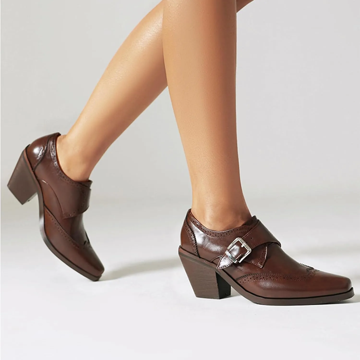 Women's PU Leather Chunky Heel Wingtip Oxford Shoes Vintage Buckle Block Heel Brogue Dress Pumps Office Work Shoes