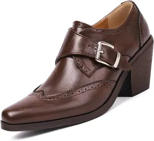Women's PU Leather Chunky Heel Wingtip Oxford Shoes Vintage Buckle Block Heel Brogue Dress Pumps Office Work Shoes