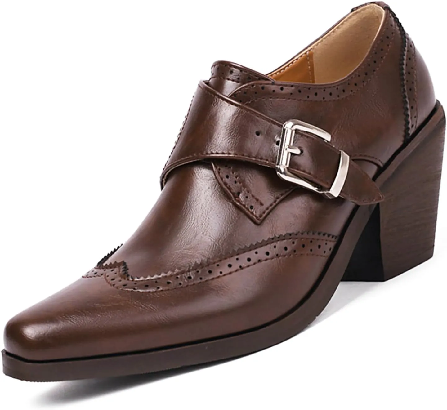 Women's PU Leather Chunky Heel Wingtip Oxford Shoes Vintage Buckle Block Heel Brogue Dress Pumps Office Work Shoes