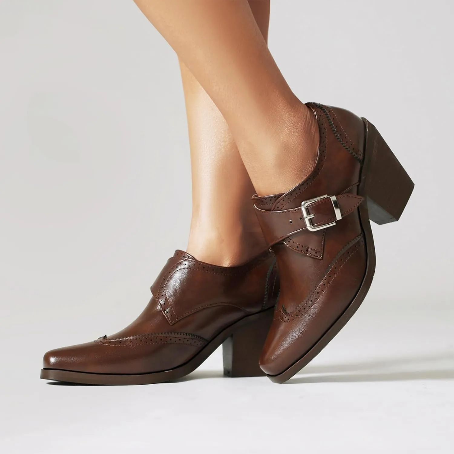 Women's PU Leather Chunky Heel Wingtip Oxford Shoes Vintage Buckle Block Heel Brogue Dress Pumps Office Work Shoes