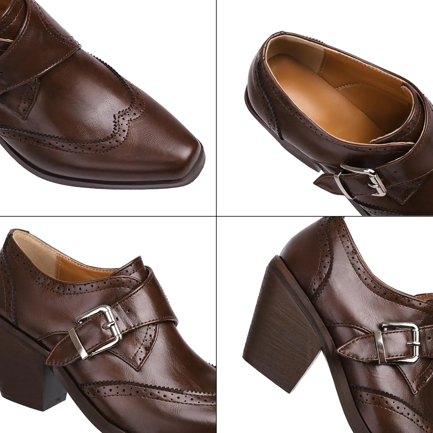Women's PU Leather Chunky Heel Wingtip Oxford Shoes Vintage Buckle Block Heel Brogue Dress Pumps Office Work Shoes