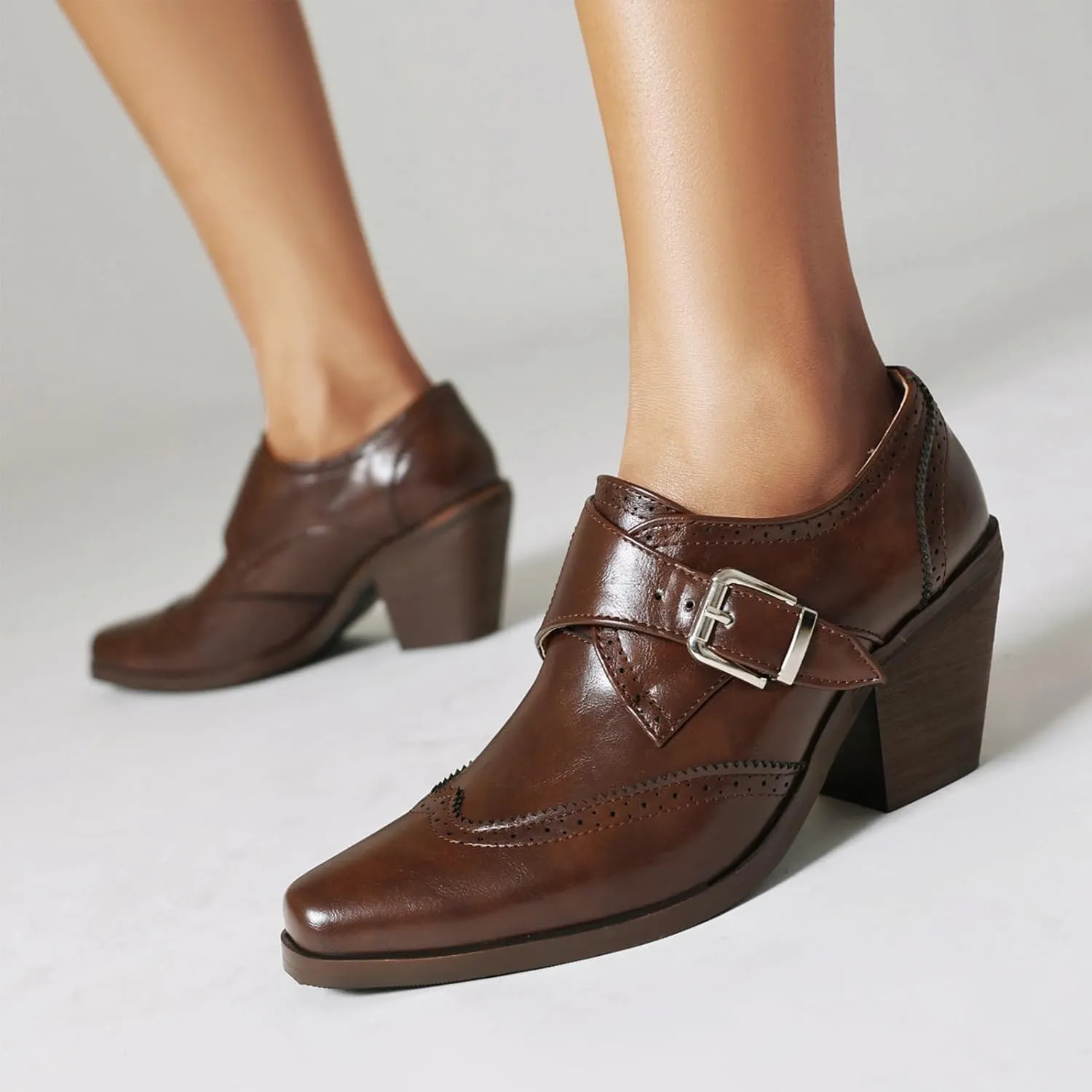 Women's PU Leather Chunky Heel Wingtip Oxford Shoes Vintage Buckle Block Heel Brogue Dress Pumps Office Work Shoes