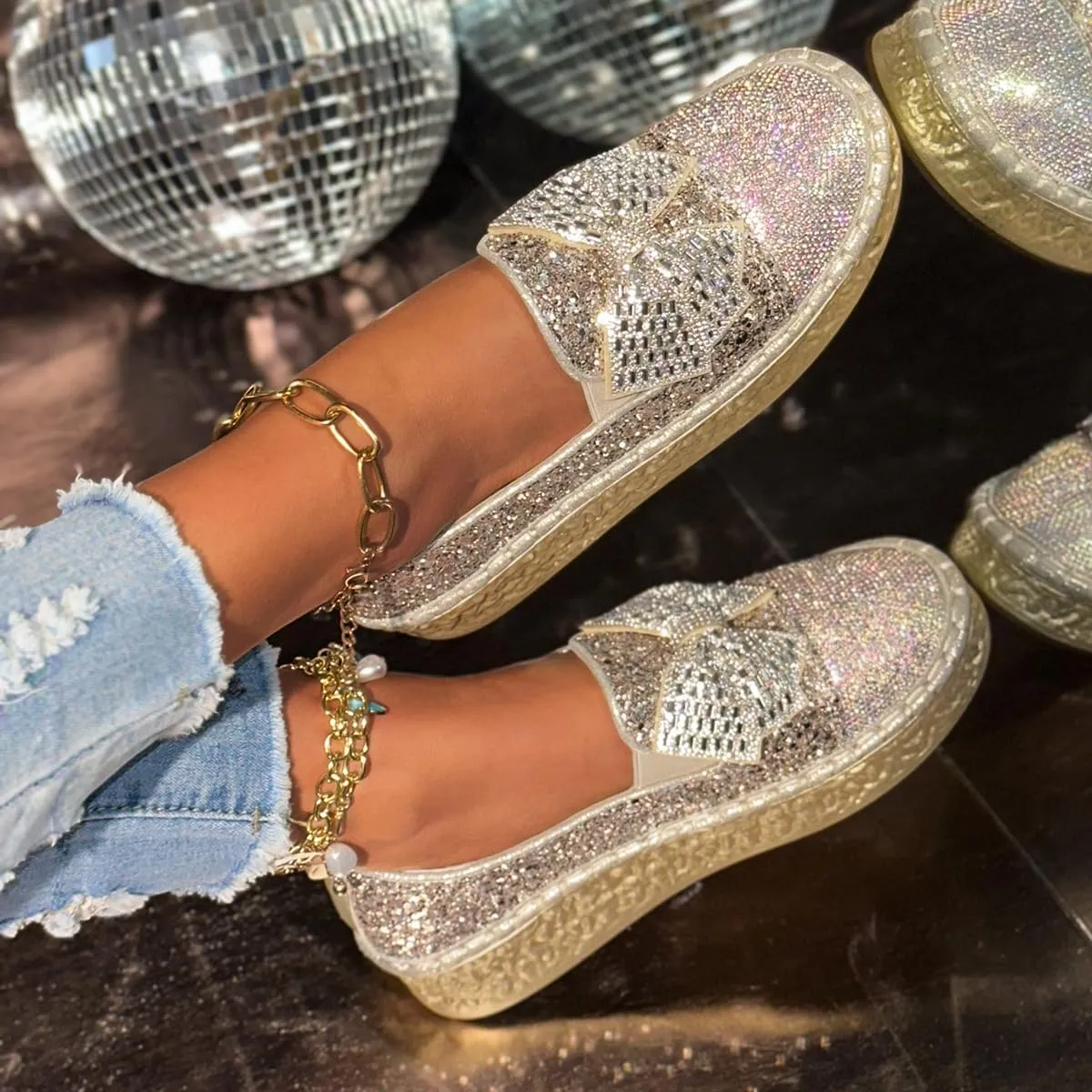 Women's Rhinestones Glitter Bow Platform Sneaker,Fashion Round Toe Closed Toe Slip-on Comfy Sneaker Casual Flat Loafers
