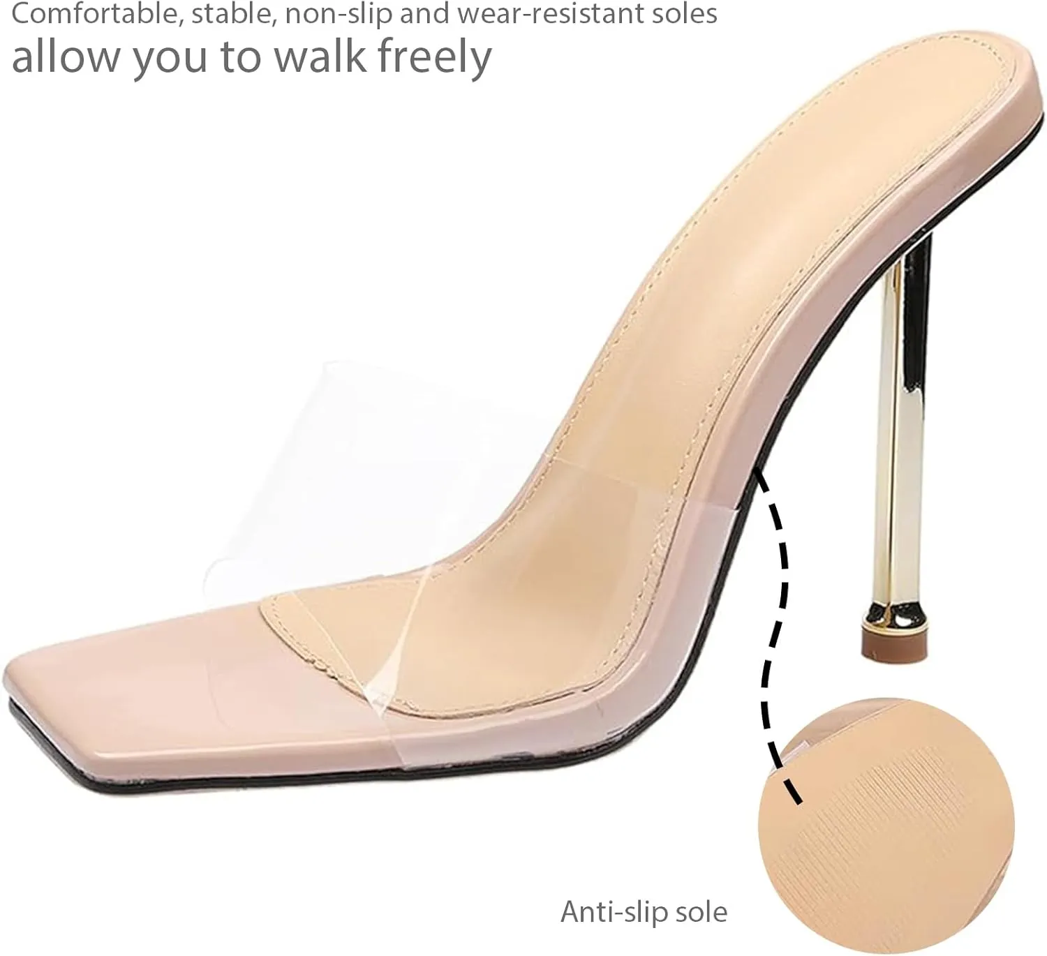 Women's Transparent Strap Stilettos Sexy Slides Sandals Fashion Clear Square Open Toe Comfortable Slingback Slip-On High Heels Prom Party Dress Mules Sandals