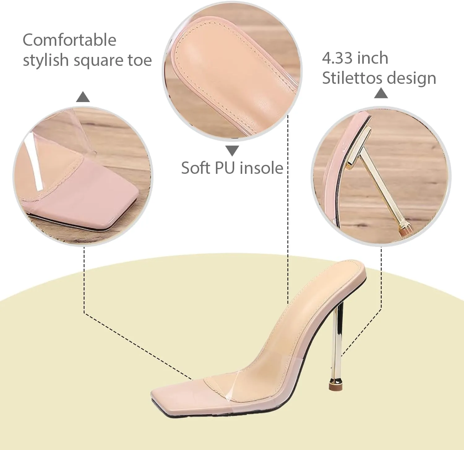 Women's Transparent Strap Stilettos Sexy Slides Sandals Fashion Clear Square Open Toe Comfortable Slingback Slip-On High Heels Prom Party Dress Mules Sandals
