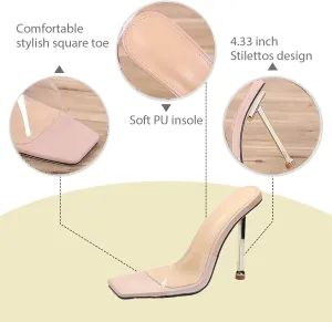 Women's Transparent Strap Stilettos Sexy Slides Sandals Fashion Clear Square Open Toe Comfortable Slingback Slip-On High Heels Prom Party Dress Mules Sandals