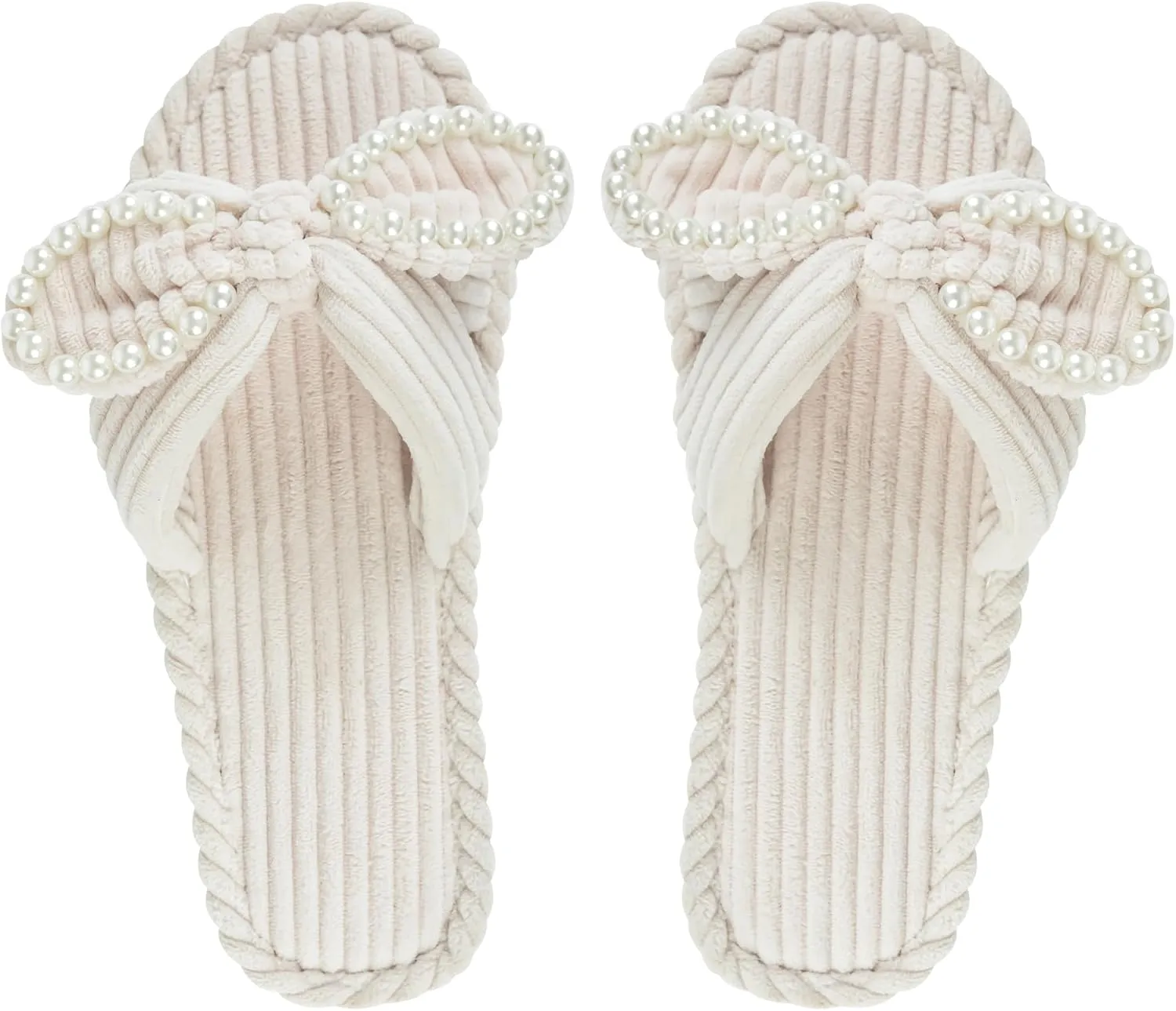 Women's Velvet Slippers Pearl Bow Open Toe Slide House Bedroom Shoes