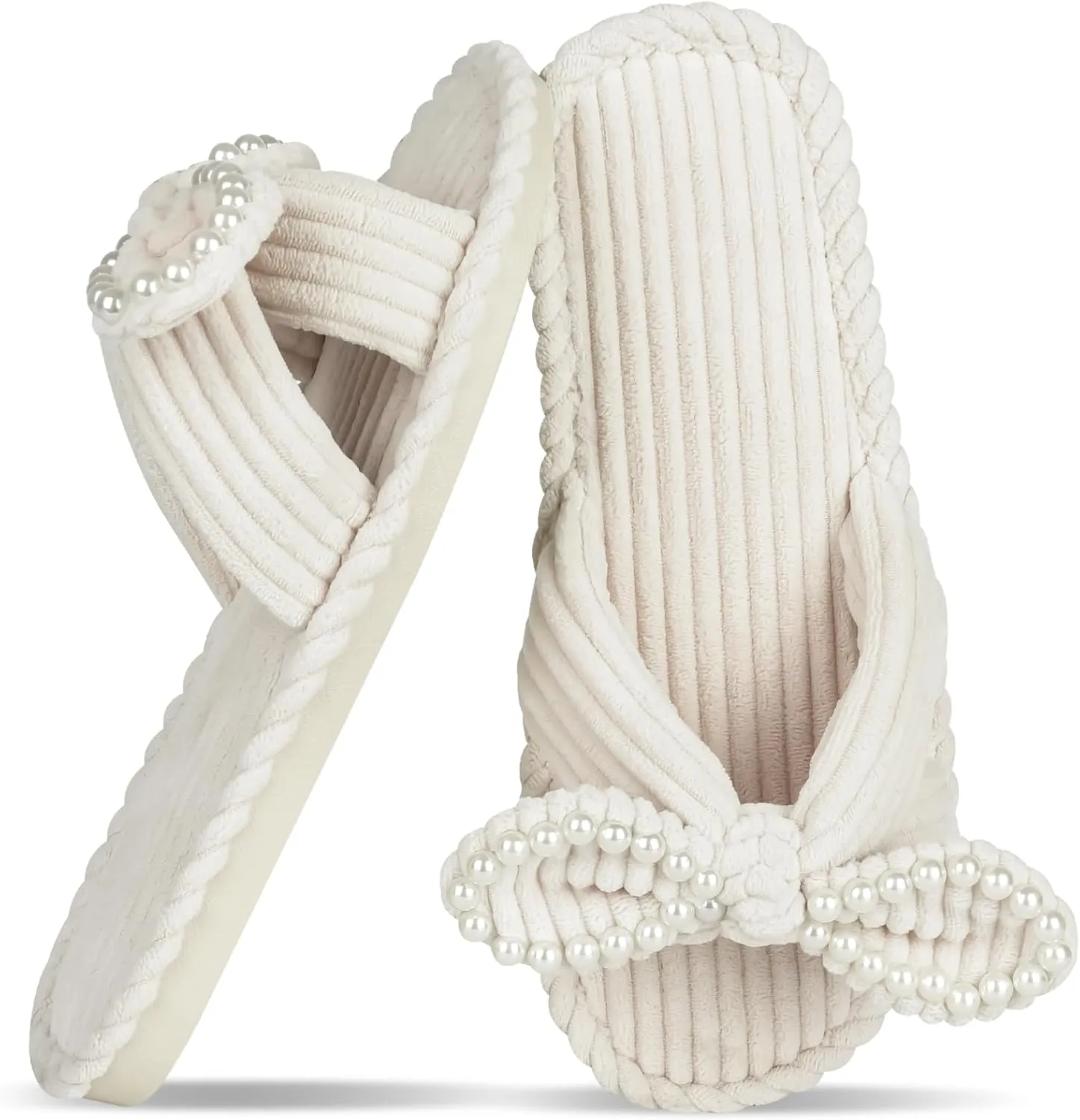 Women's Velvet Slippers Pearl Bow Open Toe Slide House Bedroom Shoes