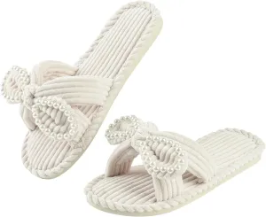 Women's Velvet Slippers Pearl Bow Open Toe Slide House Bedroom Shoes