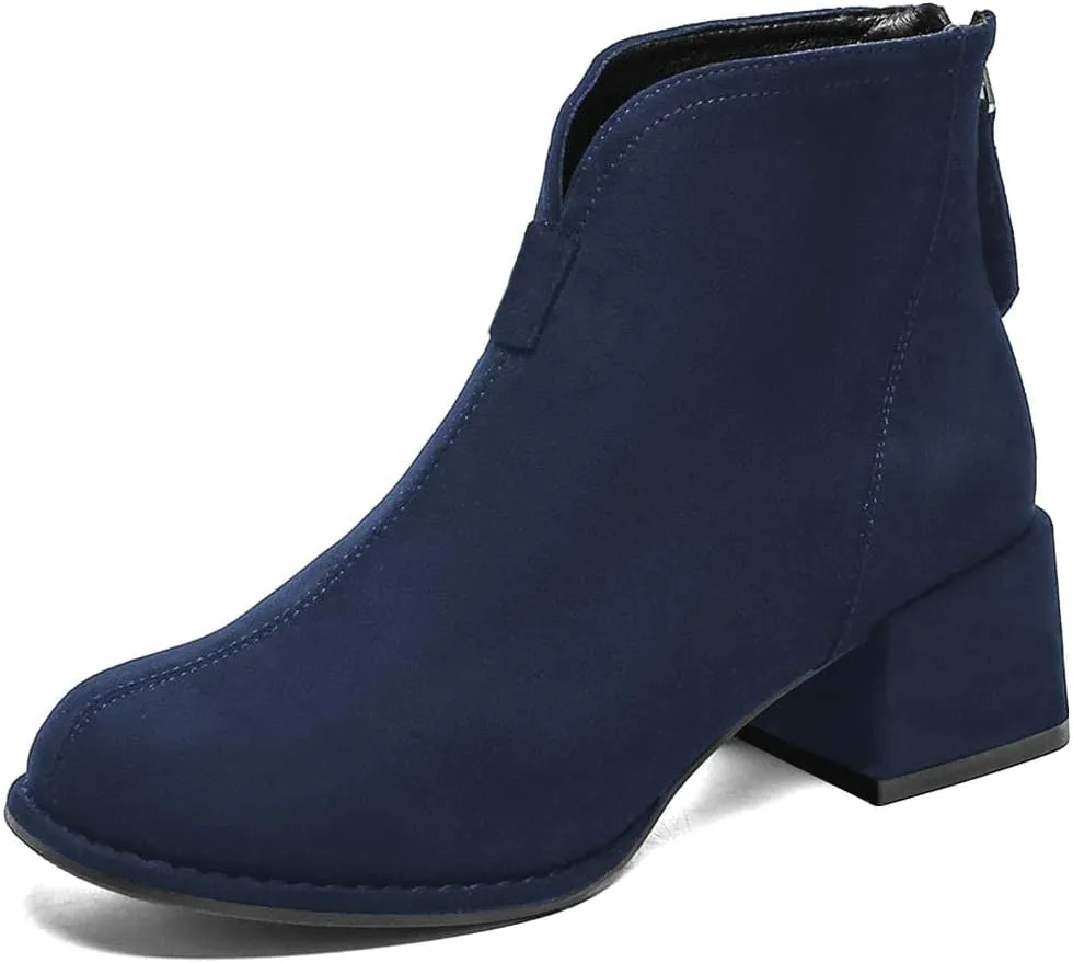 XYD Women's Comfort Classic Chelsea Boots Ankle High Chunky Block Heel Faux Suede Slip On Casual Fashion Round Toe Booties with Back Zipper