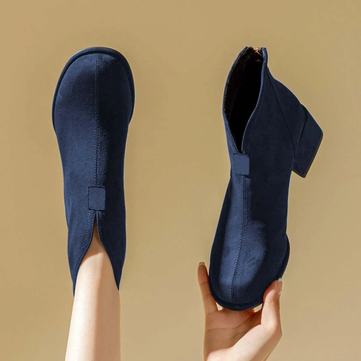 XYD Women's Comfort Classic Chelsea Boots Ankle High Chunky Block Heel Faux Suede Slip On Casual Fashion Round Toe Booties with Back Zipper