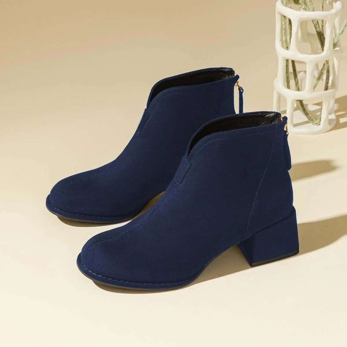 XYD Women's Comfort Classic Chelsea Boots Ankle High Chunky Block Heel Faux Suede Slip On Casual Fashion Round Toe Booties with Back Zipper