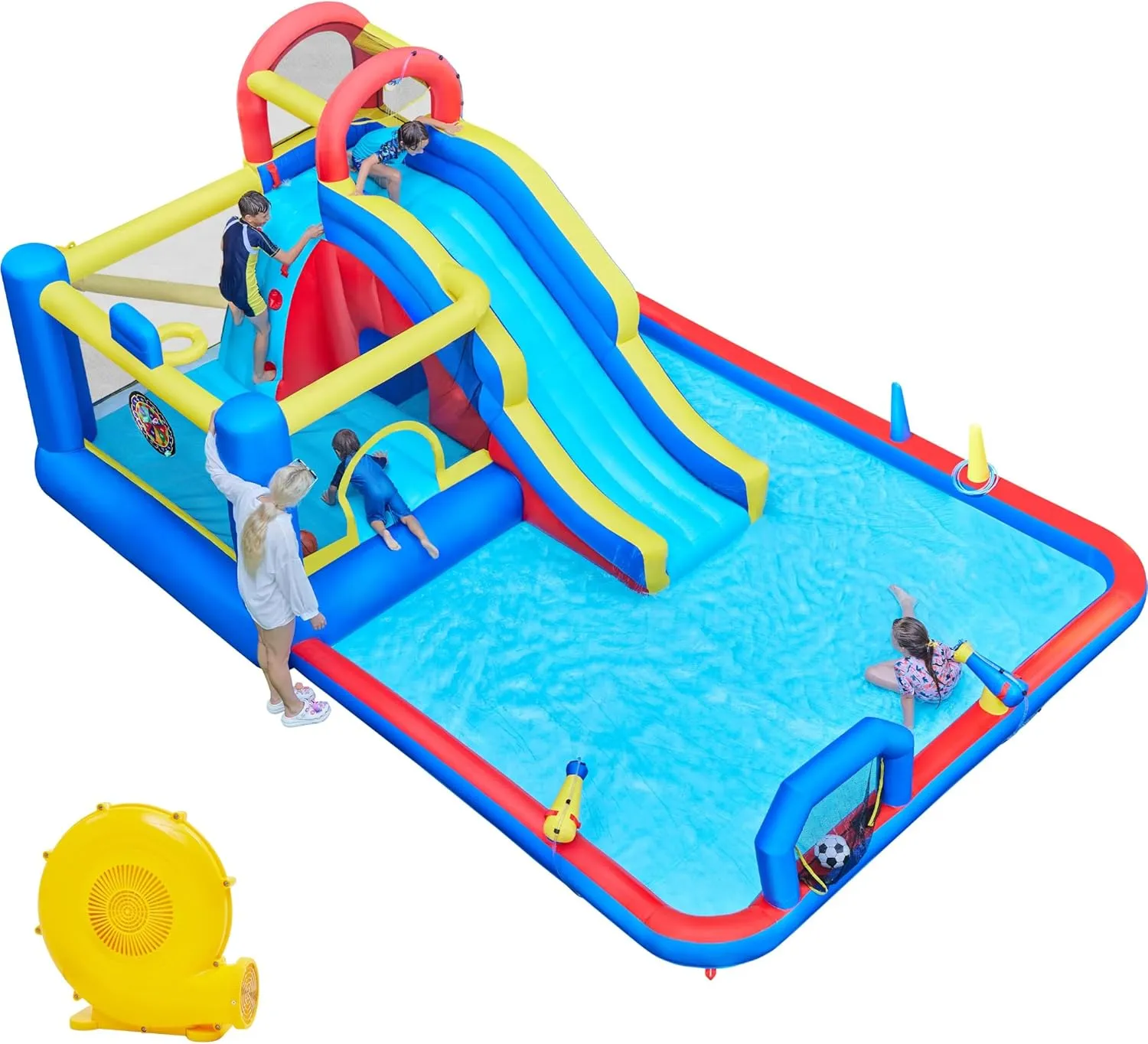 Yaheetech 10-in-1 Inflatable Bounce House w/Slide, Outdoor Water Slide w/Bouncer & Large Splash Pool for Kids Aged 3-10, Jumping Castle w/Storage Bag & 650W Blower