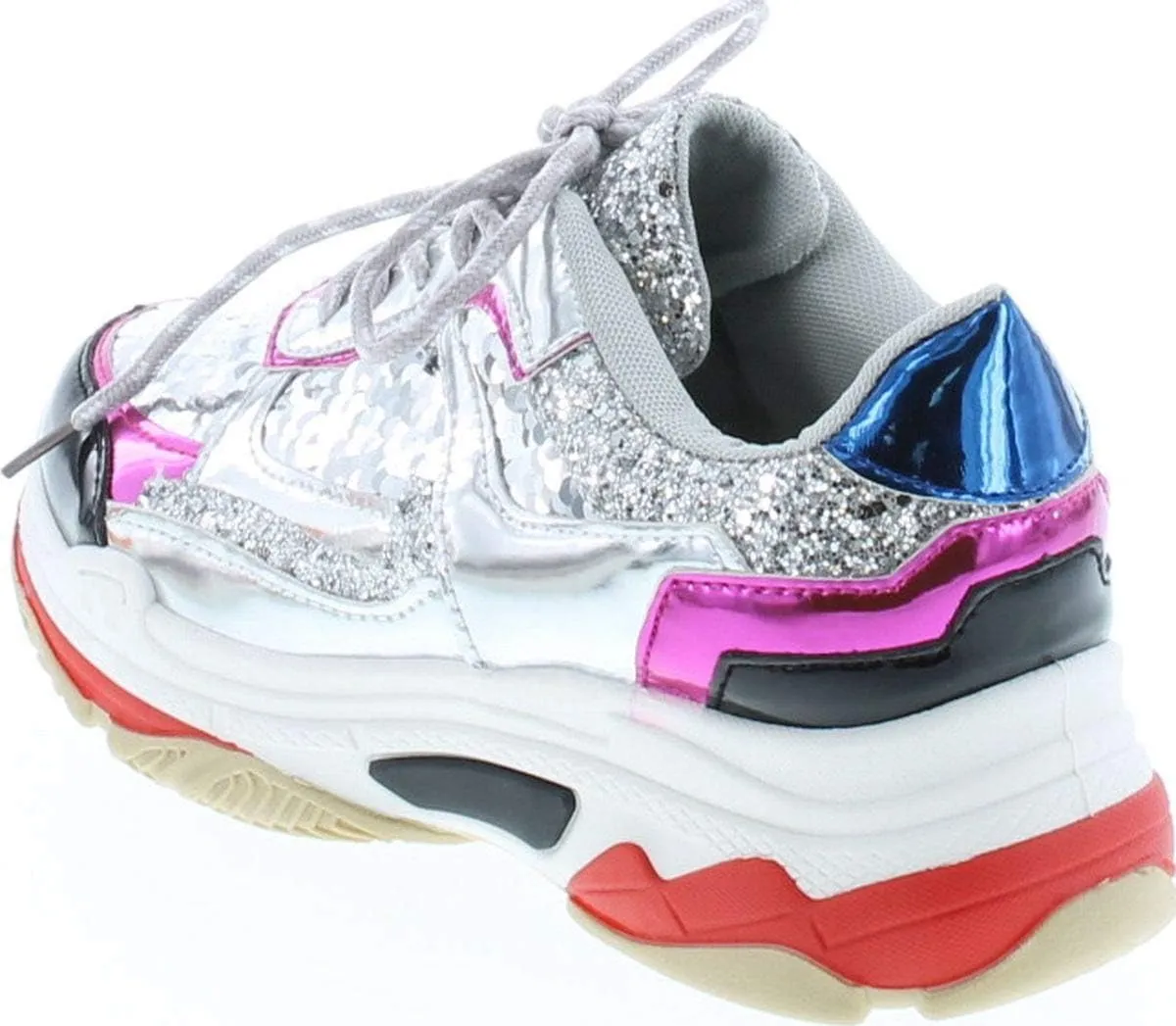 Yoki Tubuler-04 Women's Chunky Trainer Sequin Lace Up Fashion Sneaker White