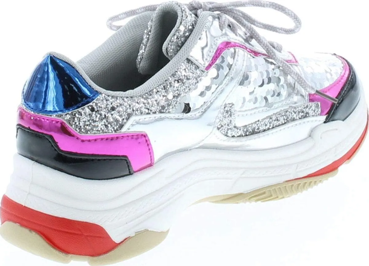 Yoki Tubuler-04 Women's Chunky Trainer Sequin Lace Up Fashion Sneaker White