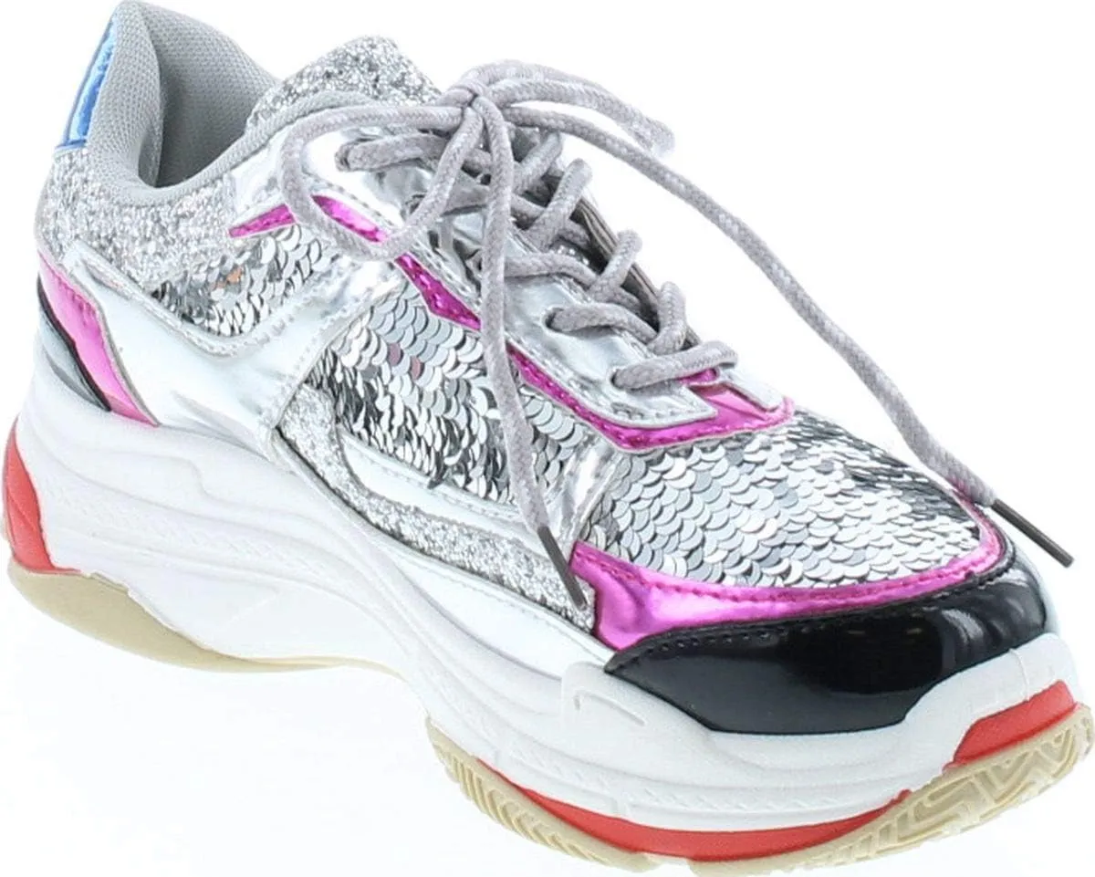 Yoki Tubuler-04 Women's Chunky Trainer Sequin Lace Up Fashion Sneaker White