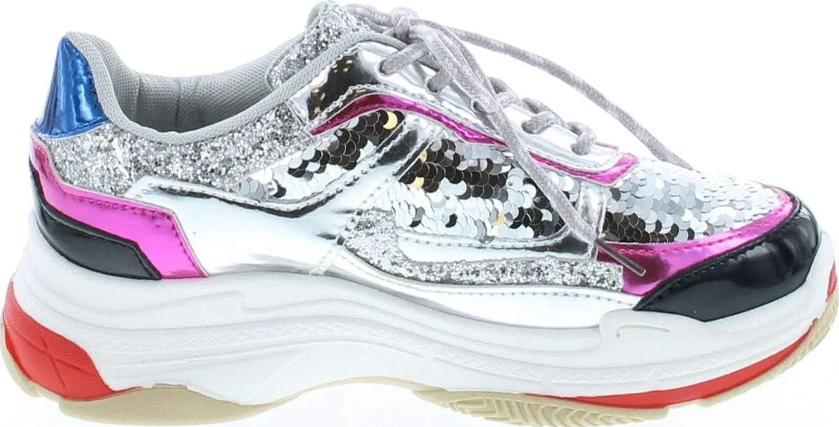 Yoki Tubuler-04 Women's Chunky Trainer Sequin Lace Up Fashion Sneaker White