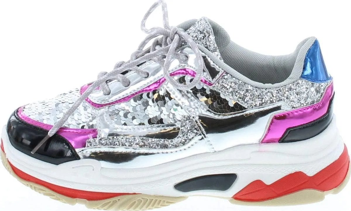 Yoki Tubuler-04 Women's Chunky Trainer Sequin Lace Up Fashion Sneaker White