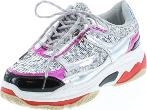 Yoki Tubuler-04 Women's Chunky Trainer Sequin Lace Up Fashion Sneaker White