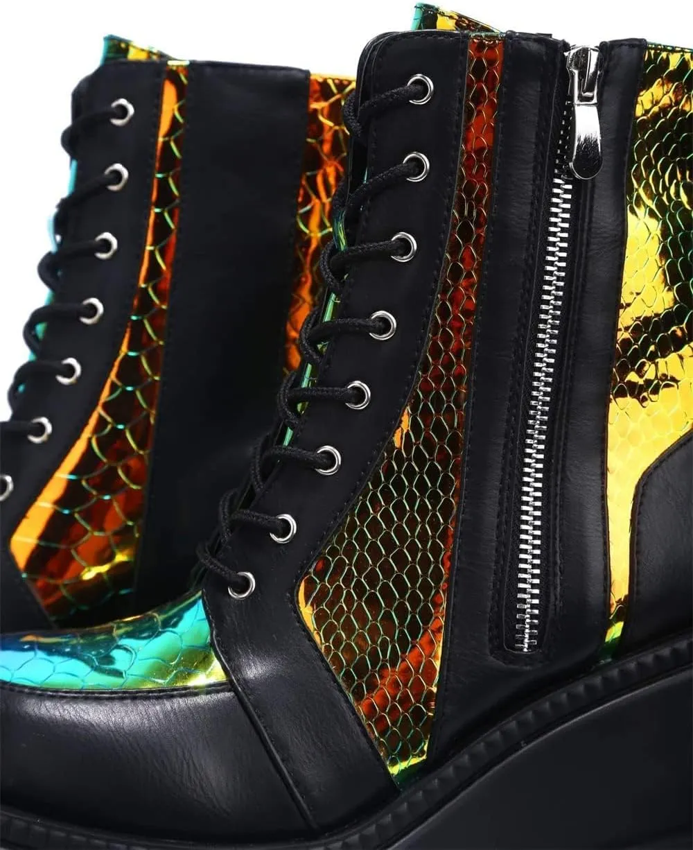 ZKXYFFS Womens Holographic Wedge Ankle Boots Lace Up Zip High Heel Booties Goth Combat Wedge Chunky Platform Boots Multicolor Platform Boots for Women