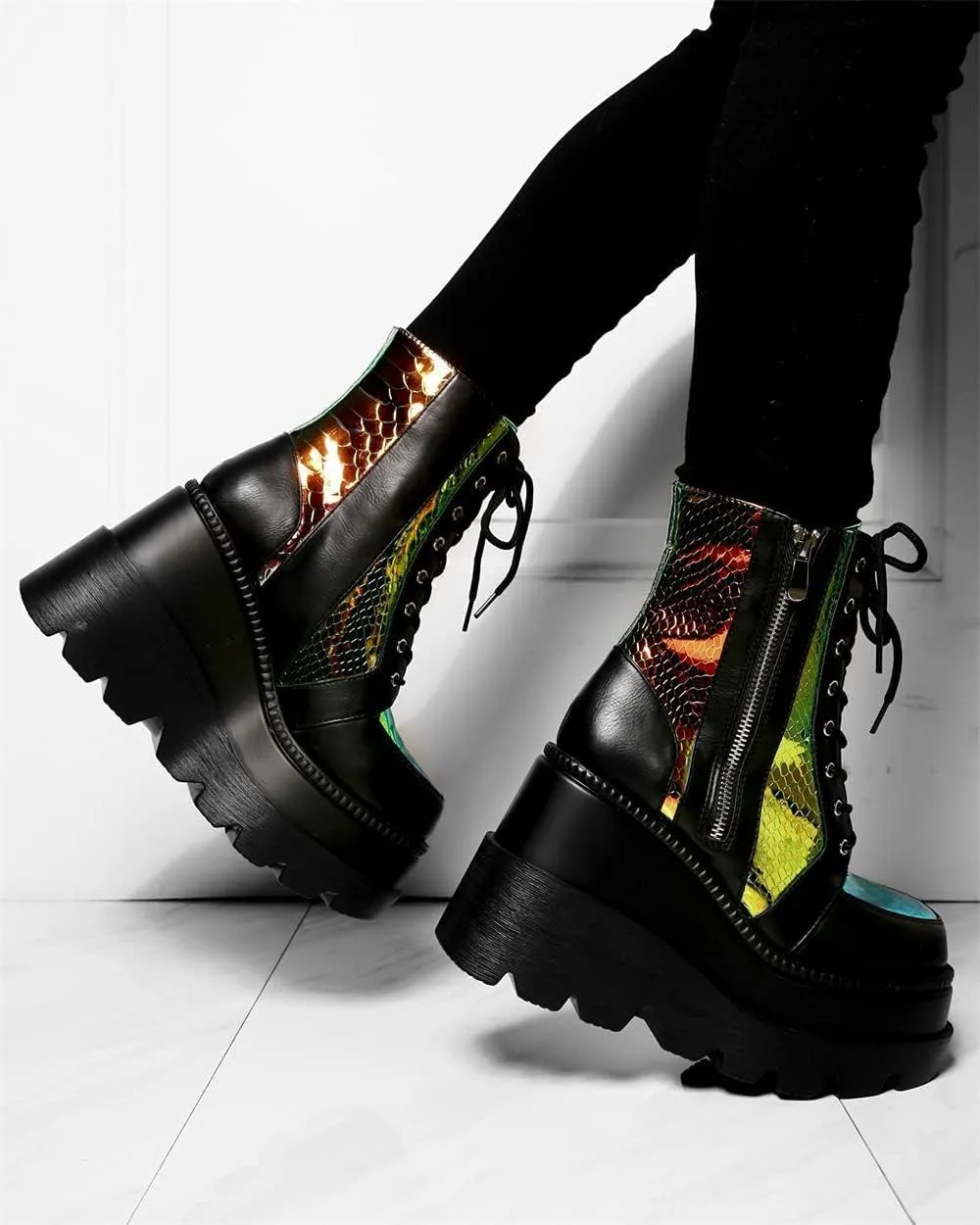 ZKXYFFS Womens Holographic Wedge Ankle Boots Lace Up Zip High Heel Booties Goth Combat Wedge Chunky Platform Boots Multicolor Platform Boots for Women