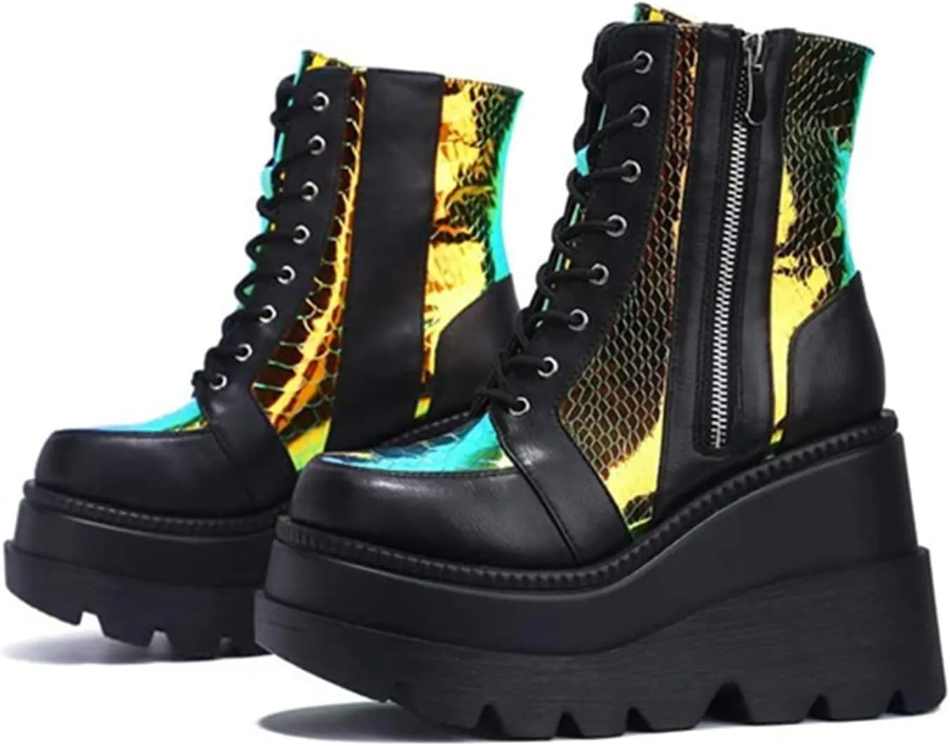 ZKXYFFS Womens Holographic Wedge Ankle Boots Lace Up Zip High Heel Booties Goth Combat Wedge Chunky Platform Boots Multicolor Platform Boots for Women